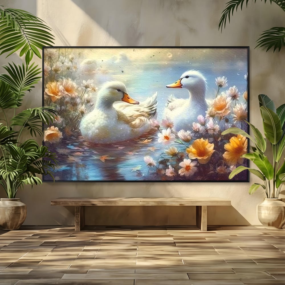 Tablou canvas cu tablou canvas cu rate pe lac, in rama de aluminiu negru